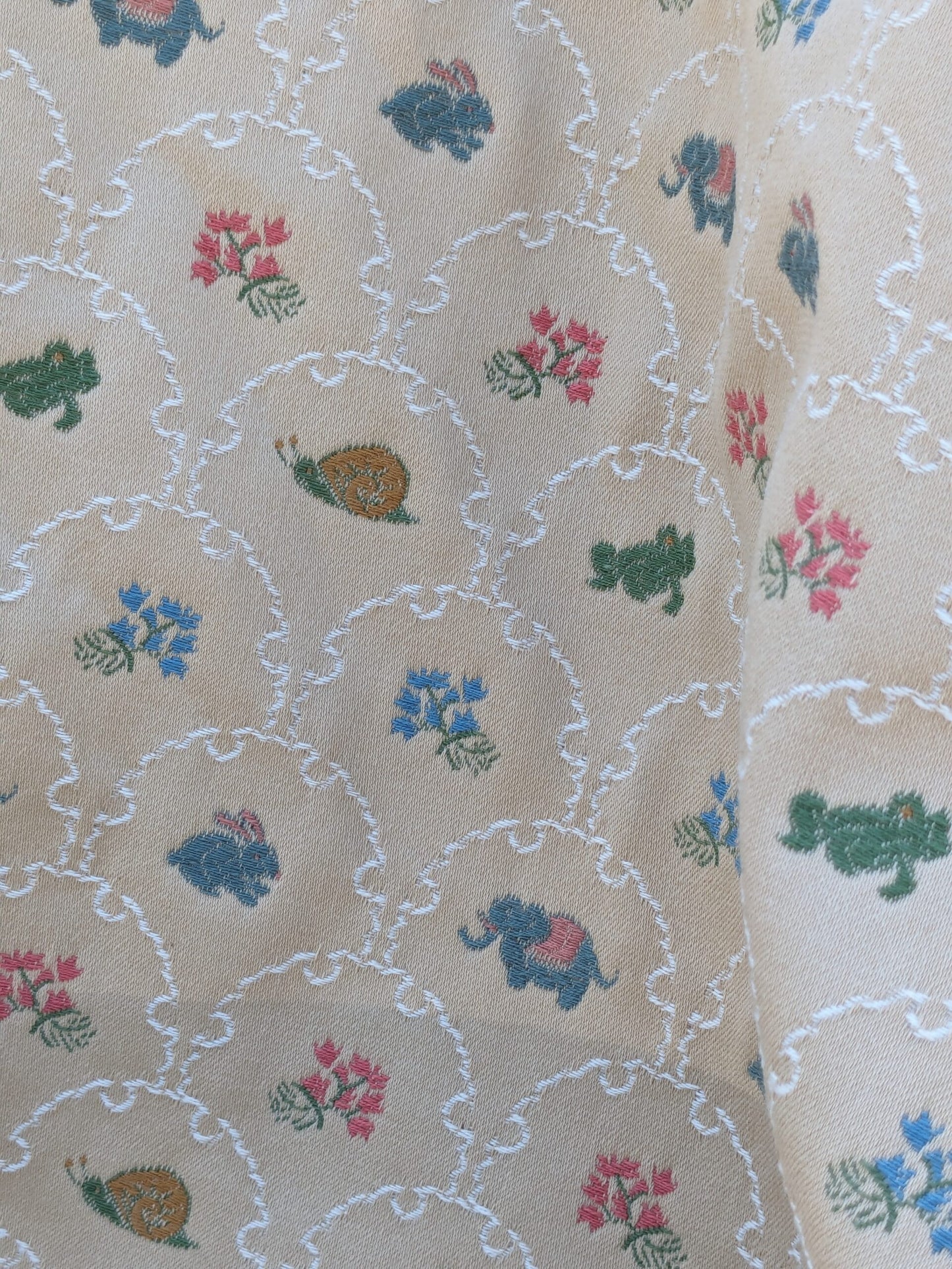 By Yd Kravet Zoology Weave Cotton Spring Animals Bunny Frog Elephant Snail Green Blue Pink on Tan MSRP USD 142/Y