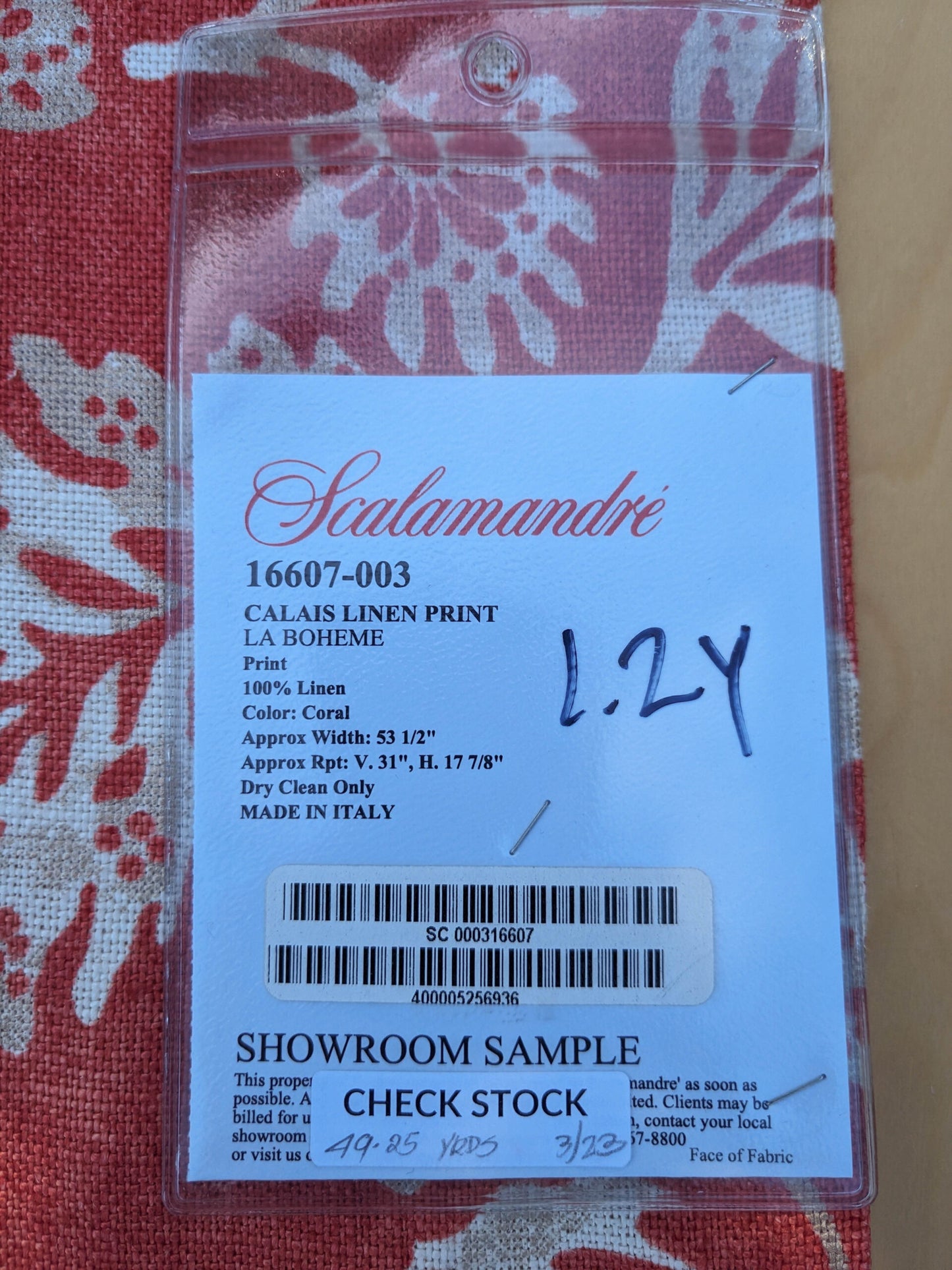 7 EV35 Length 1.2y Scalamandre Calais Linen Print in Coral Pink Red Mediterrinan Pomegranite Block Print Heavy Linen MSRP USD300+/y