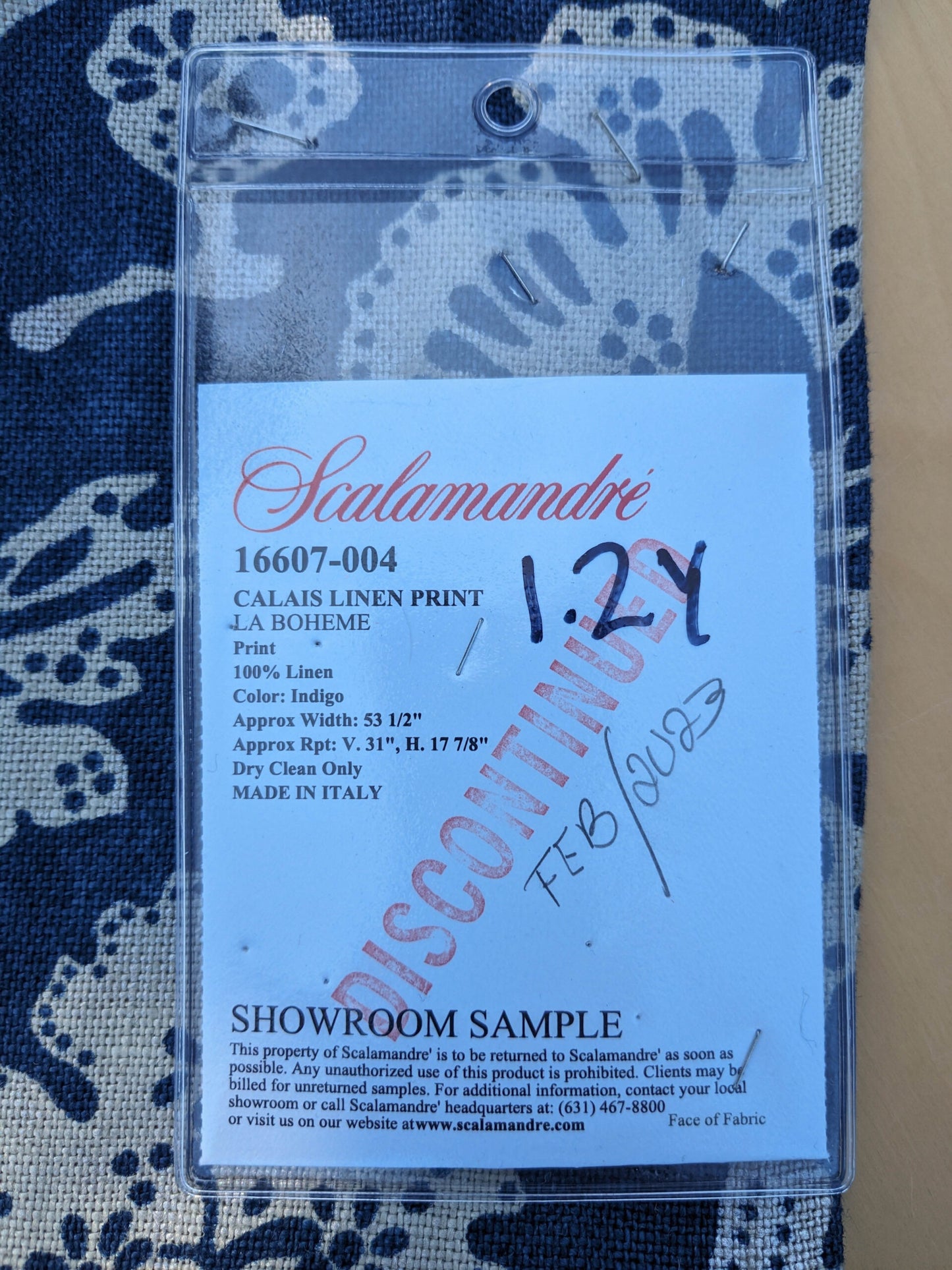 8 EV35 Length 1.2y Scalamandre Calais Linen Print Indigo Blue White Mediterrinan Pomegranite Block Print Heavy Linen MSRP USD300+/y