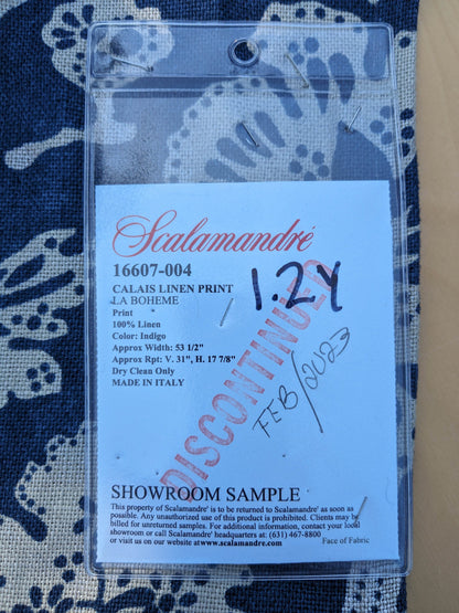8 EV35 Length 1.2y Scalamandre Calais Linen Print Indigo Blue White Mediterrinan Pomegranite Block Print Heavy Linen MSRP USD300+/y