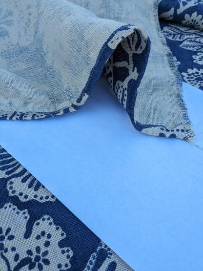 8 EV35 Length 1.2y Scalamandre Calais Linen Print Indigo Blue White Mediterrinan Pomegranite Block Print Heavy Linen MSRP USD300+/y