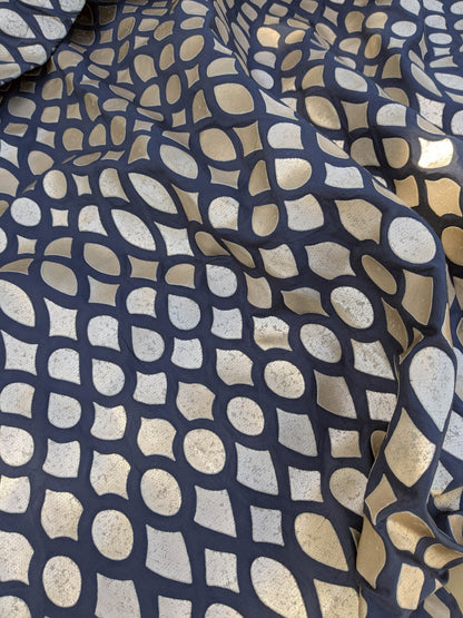 11 EV35 Length 2.5y Christian Fischbacher Indorato Royal Blue Beige Silk Print Ogee Fretwork Lattice MSRP USD700+/y