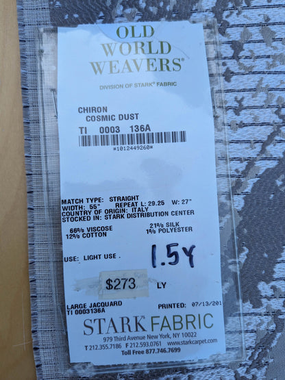 26 EV35 Length 1.5y Old World Weavers Chiron Cosmic Dust Beige Silver White  Jacquard Velvet Chevron Herringbone MSRP USD 500+/y