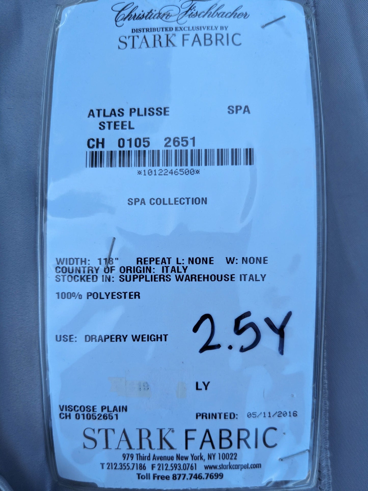 33 EV35 Length 2.5y Christian Fischbacher Atlas Plisse Steel Gray Viscose Plain MSRP USD300+/y