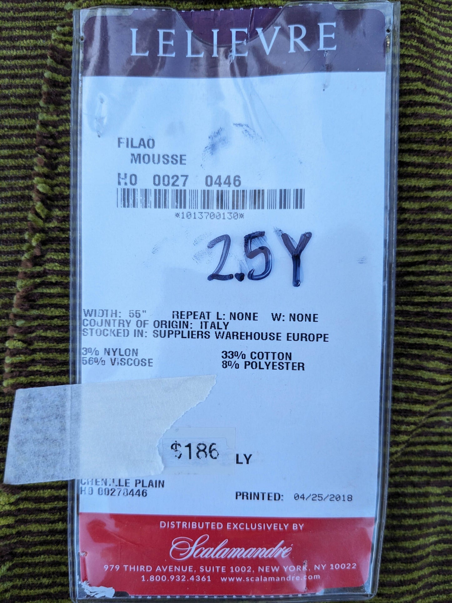 34 EV35 Length 2.5y Lelievre Filao Mousse Green Brown Chenille Plain Stripe MSRP USD300+/y