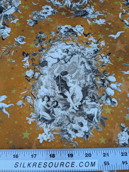 46 EV35 Length 1.4y Jean Paul Gaultier Angelots Terre Orange White Floral Landscape Medallion MSRP USD 506/y