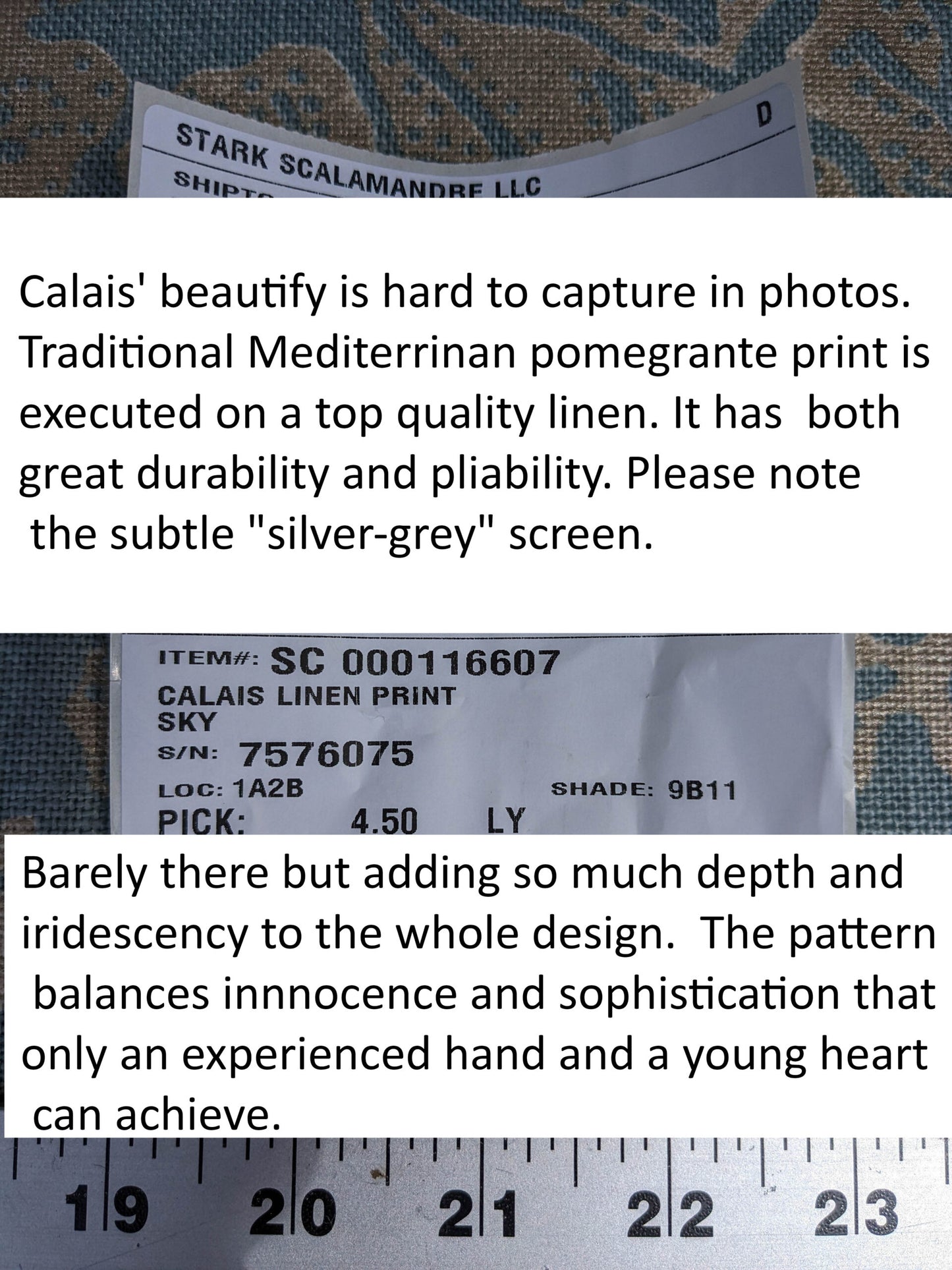 Scalamandre CALAIS LINEN PRINT in Sky Blue Mediterrinan Pomegranite Block Print Heavy Linen MSRP USD300+/y