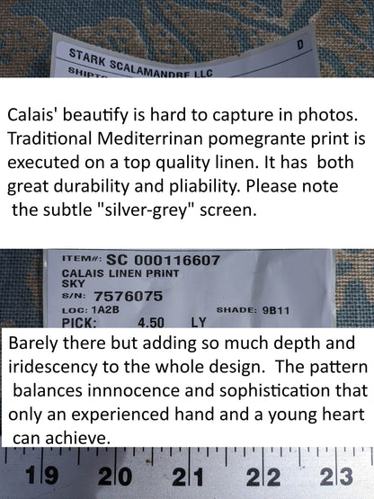 Scalamandre CALAIS LINEN PRINT in Sky Blue Mediterrinan Pomegranite Block Print Heavy Linen MSRP USD300+/y