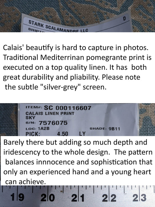 Scalamandre CALAIS LINEN PRINT in Sky Blue Mediterrinan Pomegranite Block Print Heavy Linen MSRP USD300+/y