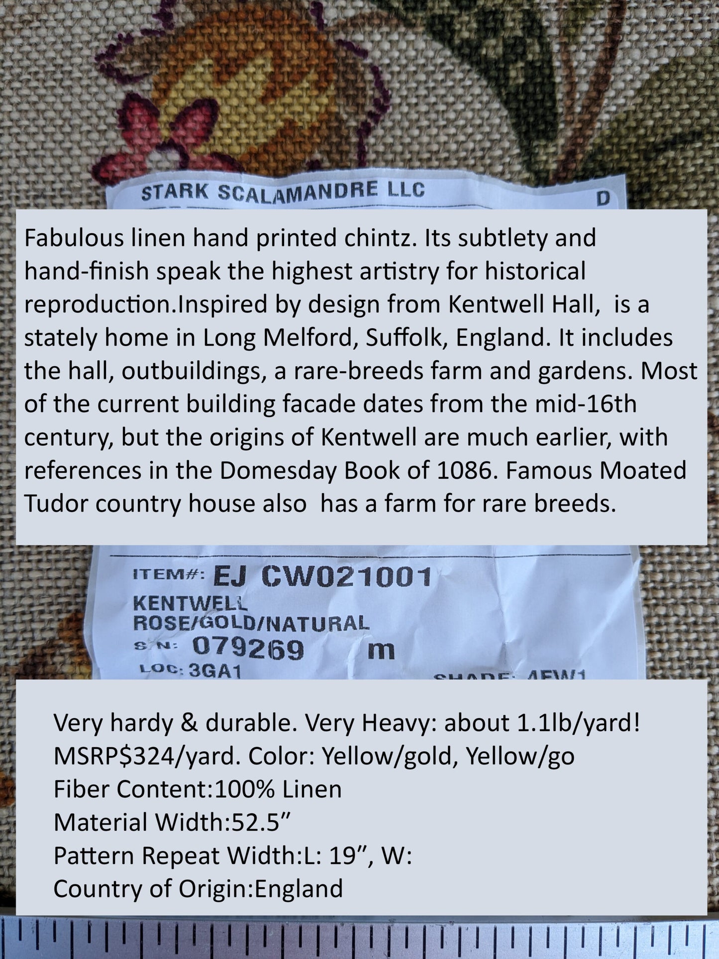 By Yard Scalamandre Old World Weavers Kentwell Rose Gold Natural English Chintz Linen Heavy MSRP USD 324/Y