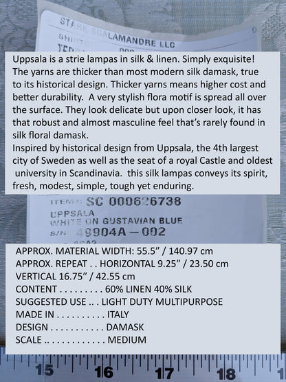 17x17" Sample Scalamandre Uppsala White On Gustavian Blue Green Silk Damask MSRP USD 588/y