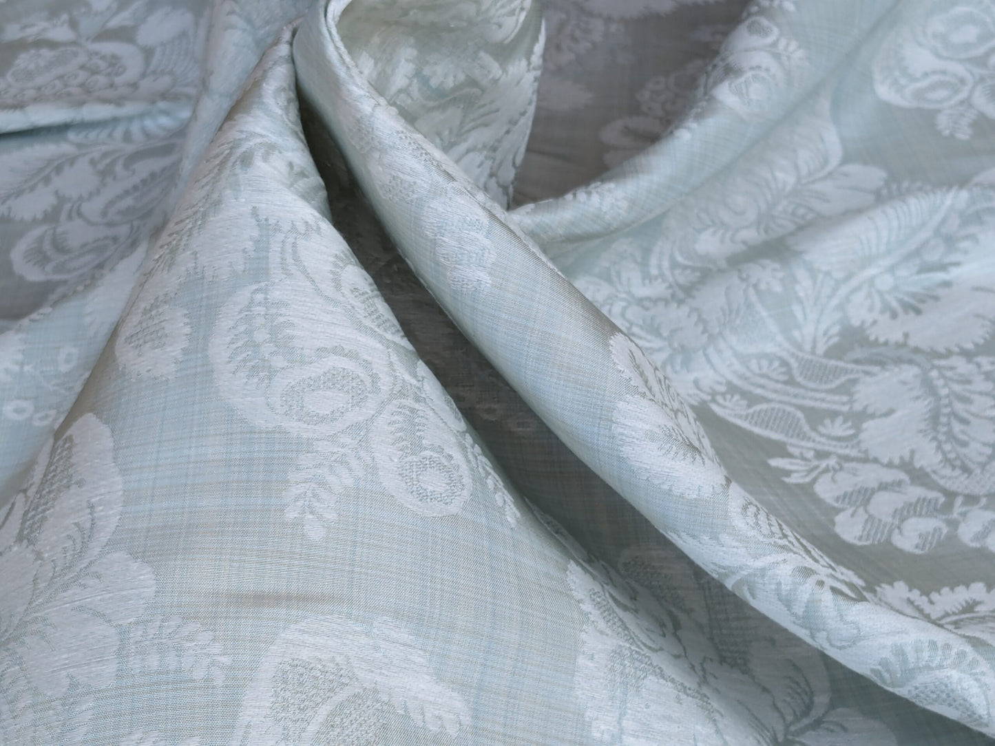 By Yard Scalamandre Uppsala White On Gustavian Blue Green Silk Damask MSRP USD 588/y