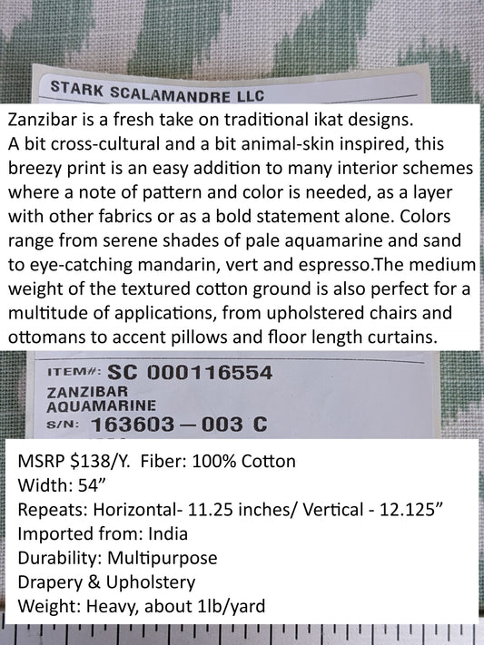 Scalamandre Zanzibar Ikat Aquamarine Green Aqua White Cotton Print Mid-Century MSRP USD 254.80/Y