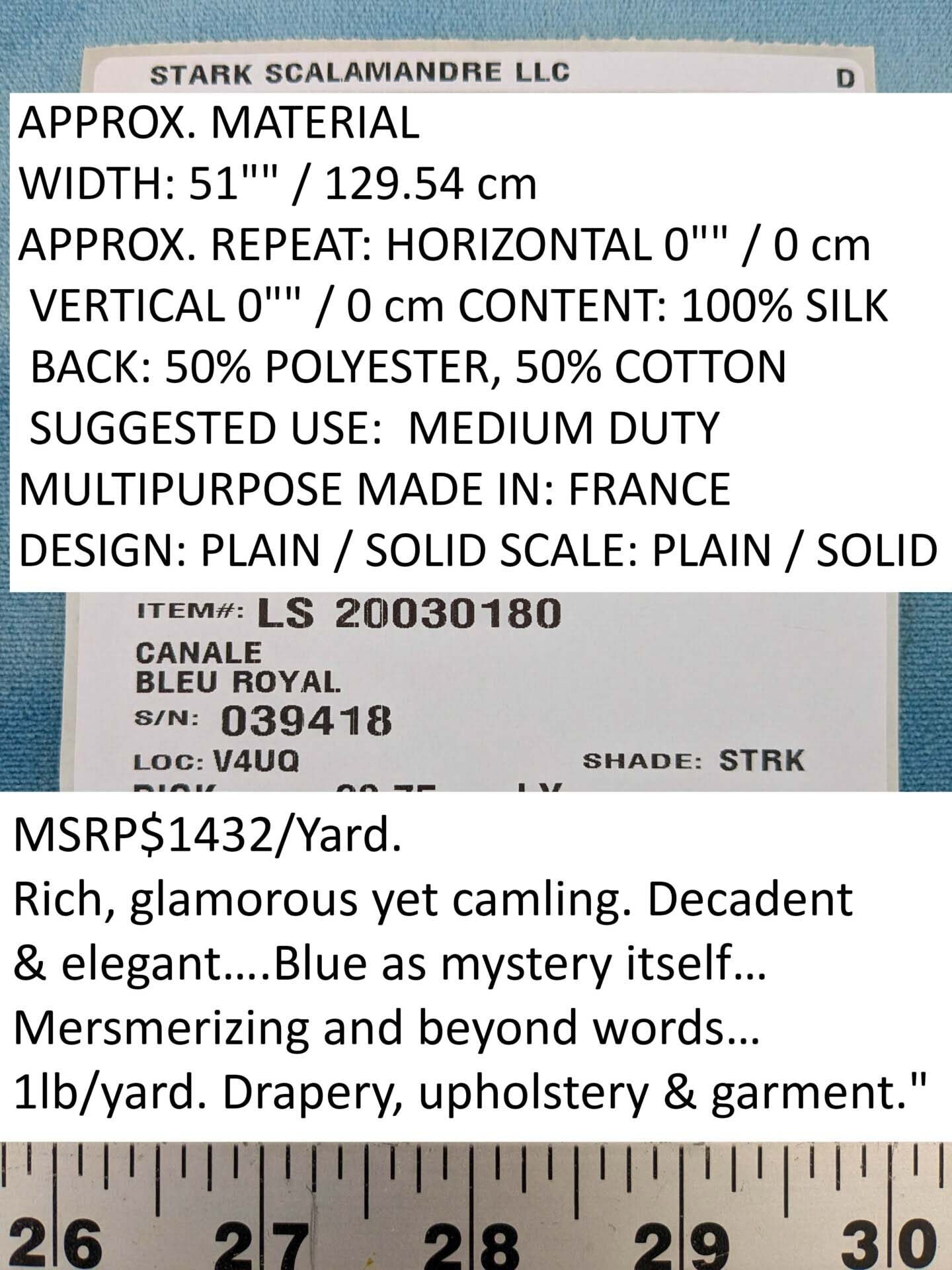 Scalamandre Canale Bleu Royal Blue Silk Solid MSRP USD 1432/Y