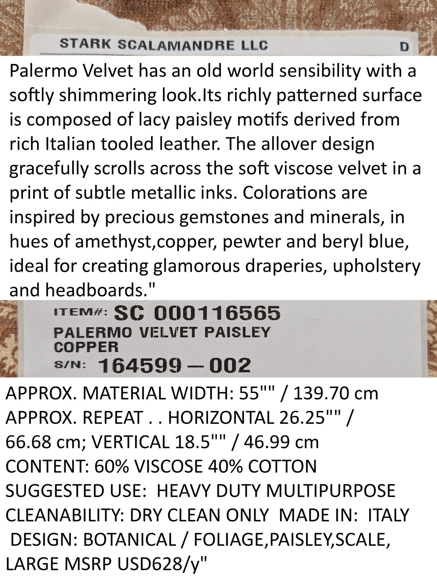 Scalamandre Palermo Velvet Paisley Copper Brown Printed Velvet Botanical Foliage MSRP USD610/y