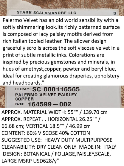Scalamandre Palermo Velvet Paisley Copper Brown Printed Velvet Botanical Foliage MSRP USD610/y