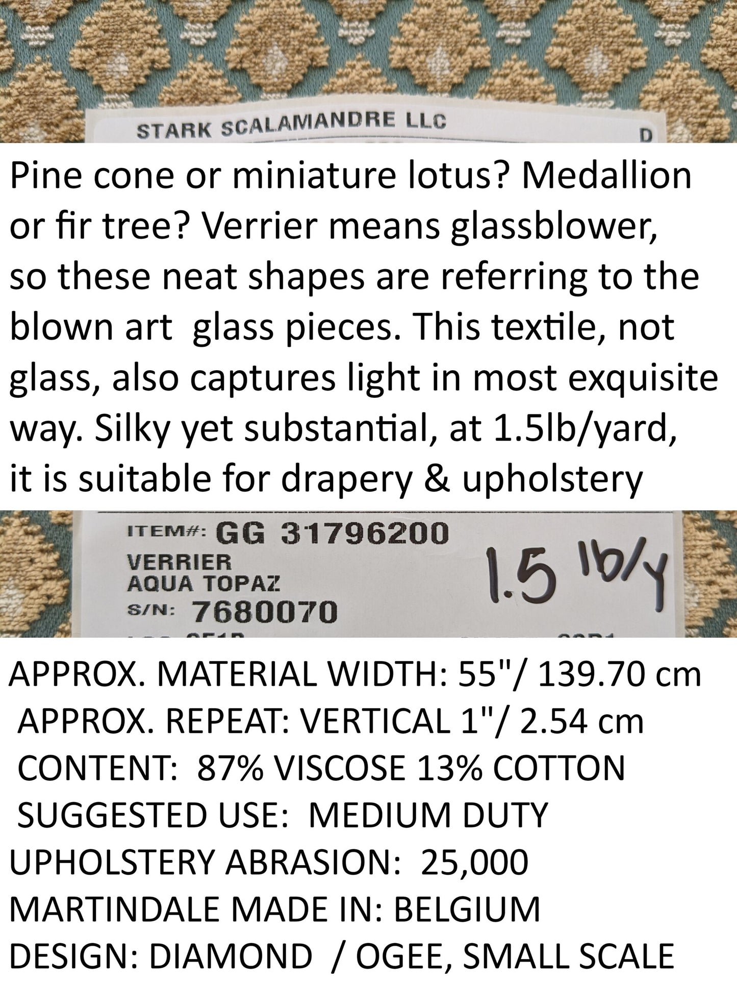 Scalamandre Old World Weavers Verrier Aqua Topaz Blue Diamond Ogee Small Scale  MSRP USD668/y