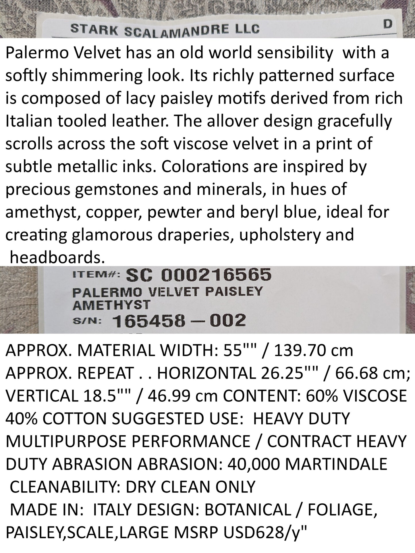 Scalamandre Palermo Velvet Paisley Amethyst Purple Printed Velvet Botanical Foliage MSRP USD610/y