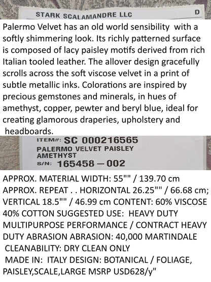 Scalamandre Palermo Velvet Paisley Amethyst Purple Printed Velvet Botanical Foliage MSRP USD610/y