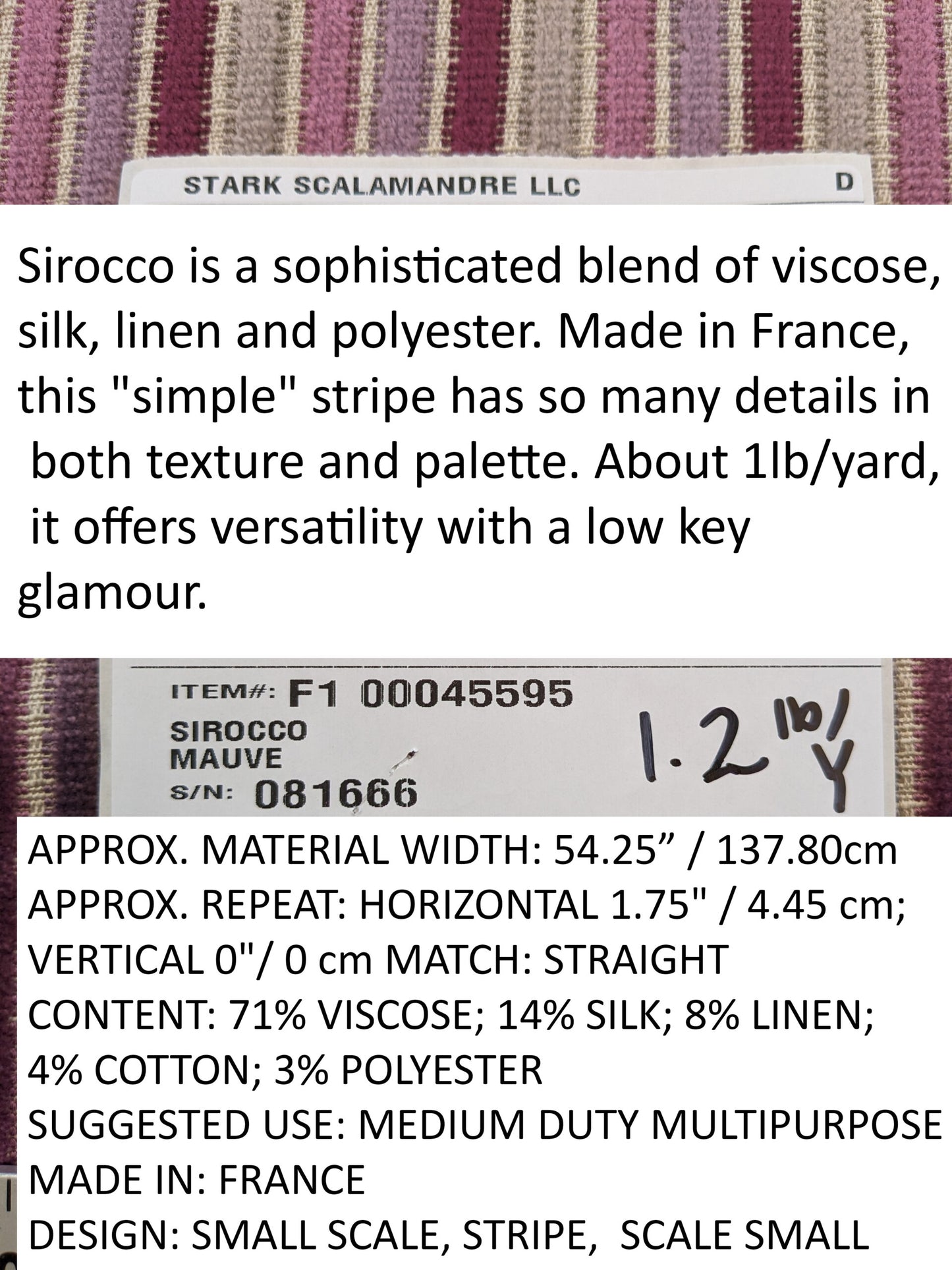 by yard Scalamandre Sirocco Mauve Purple Silk Stripe MSRP USD320/y