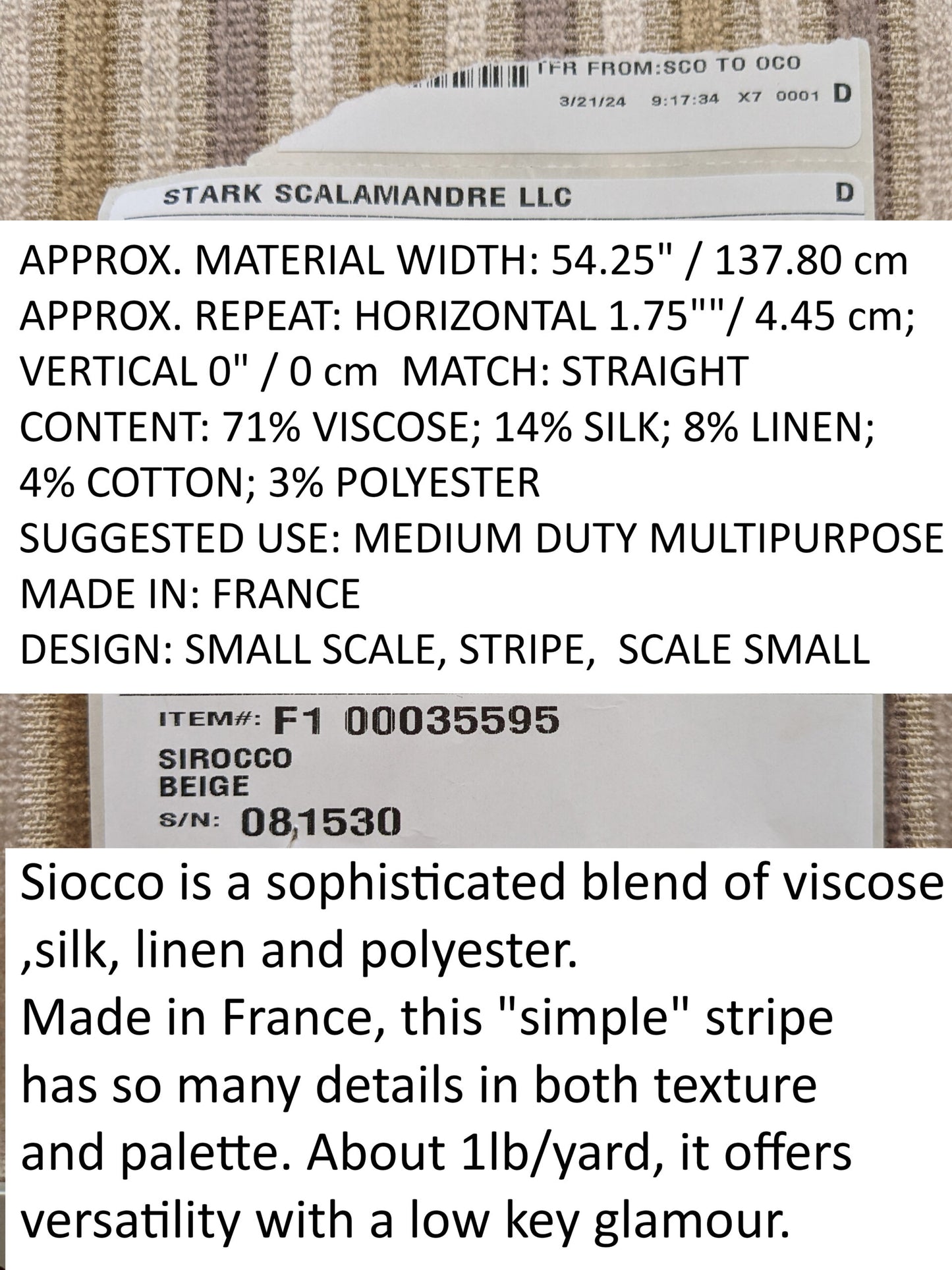 by yard Scalamandre Sirocco Beige Stripe MSRP USD320/y