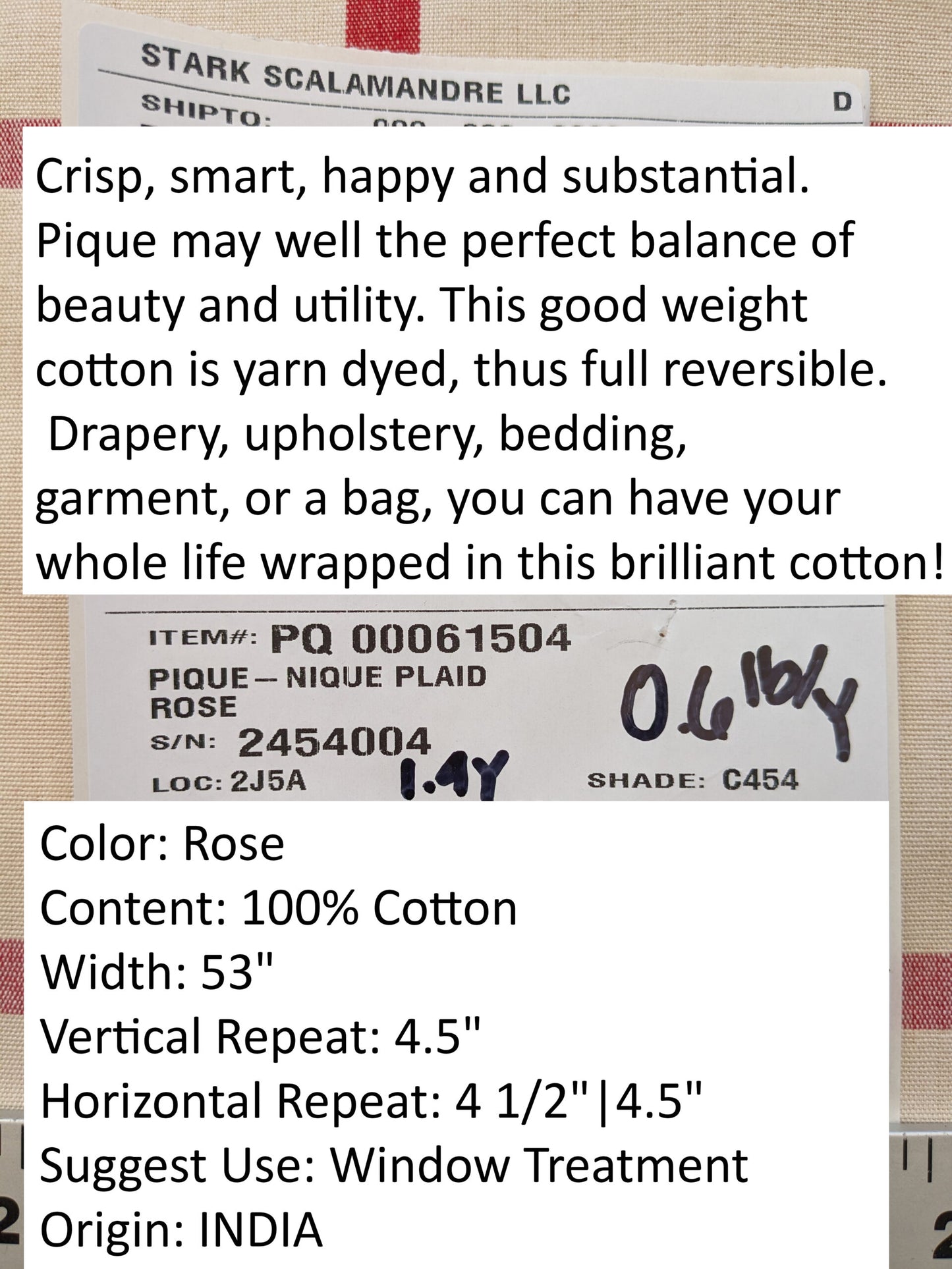 Scalamandre Pique-Nique Plaid Rose Plaid Check Red and Beige Cotton MSRP USD 200+/y