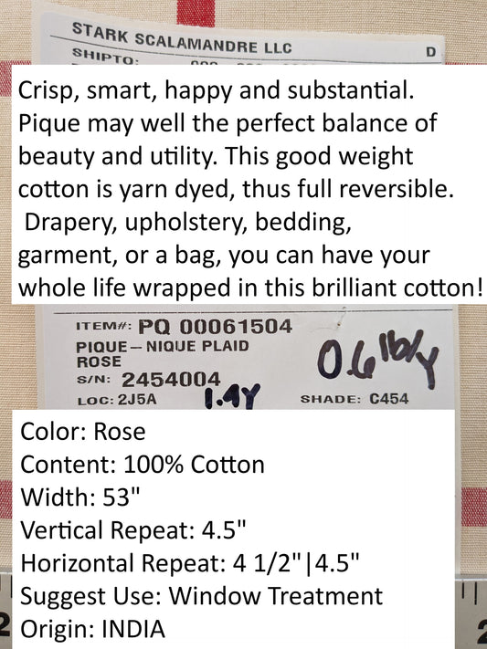 Scalamandre Pique-Nique Plaid Rose Plaid Check Red and Beige Cotton MSRP USD 200+/y