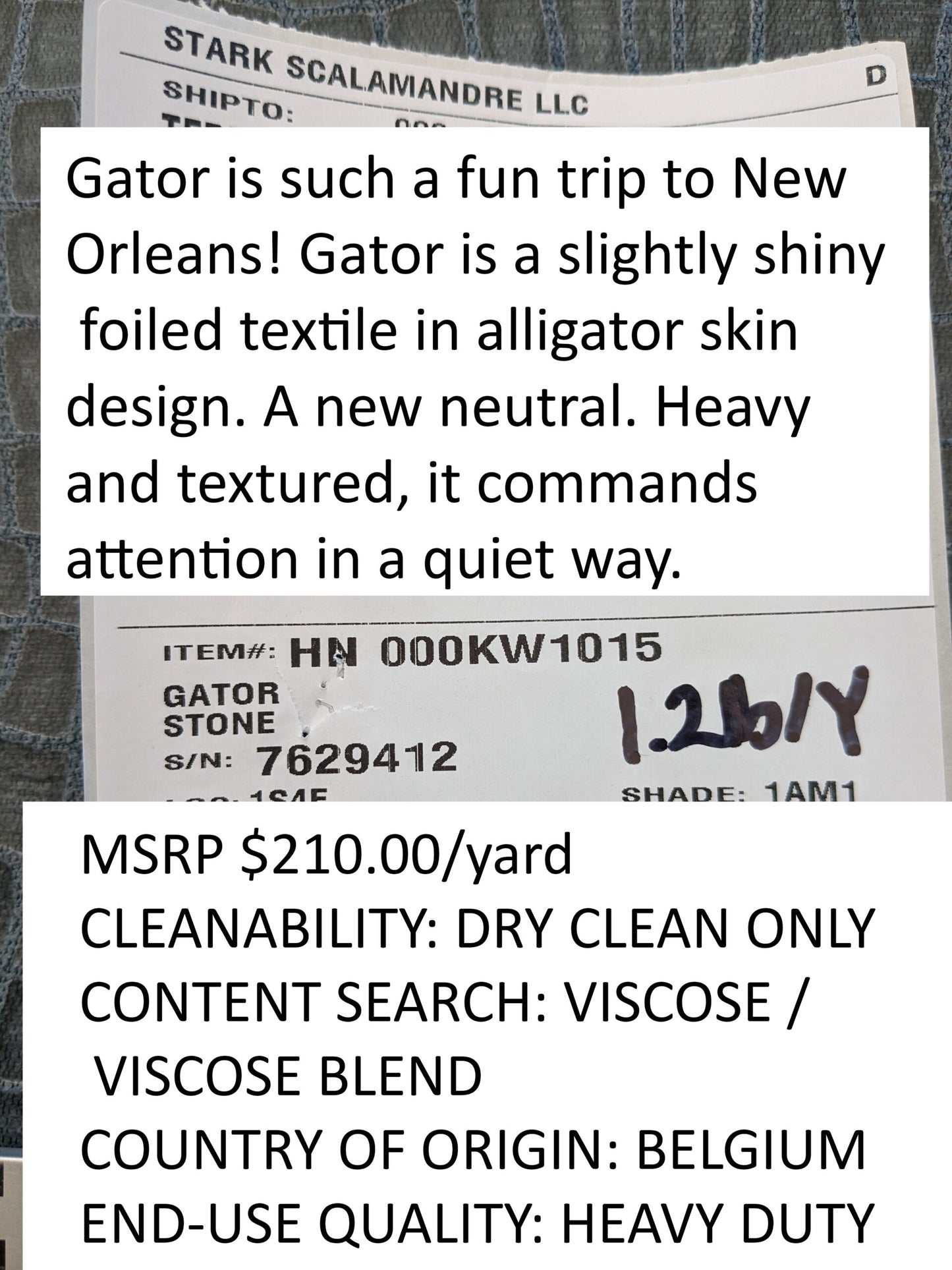 Scalamandre Gator Stone Black Viscose Blend Small Scale MSRP $210/y