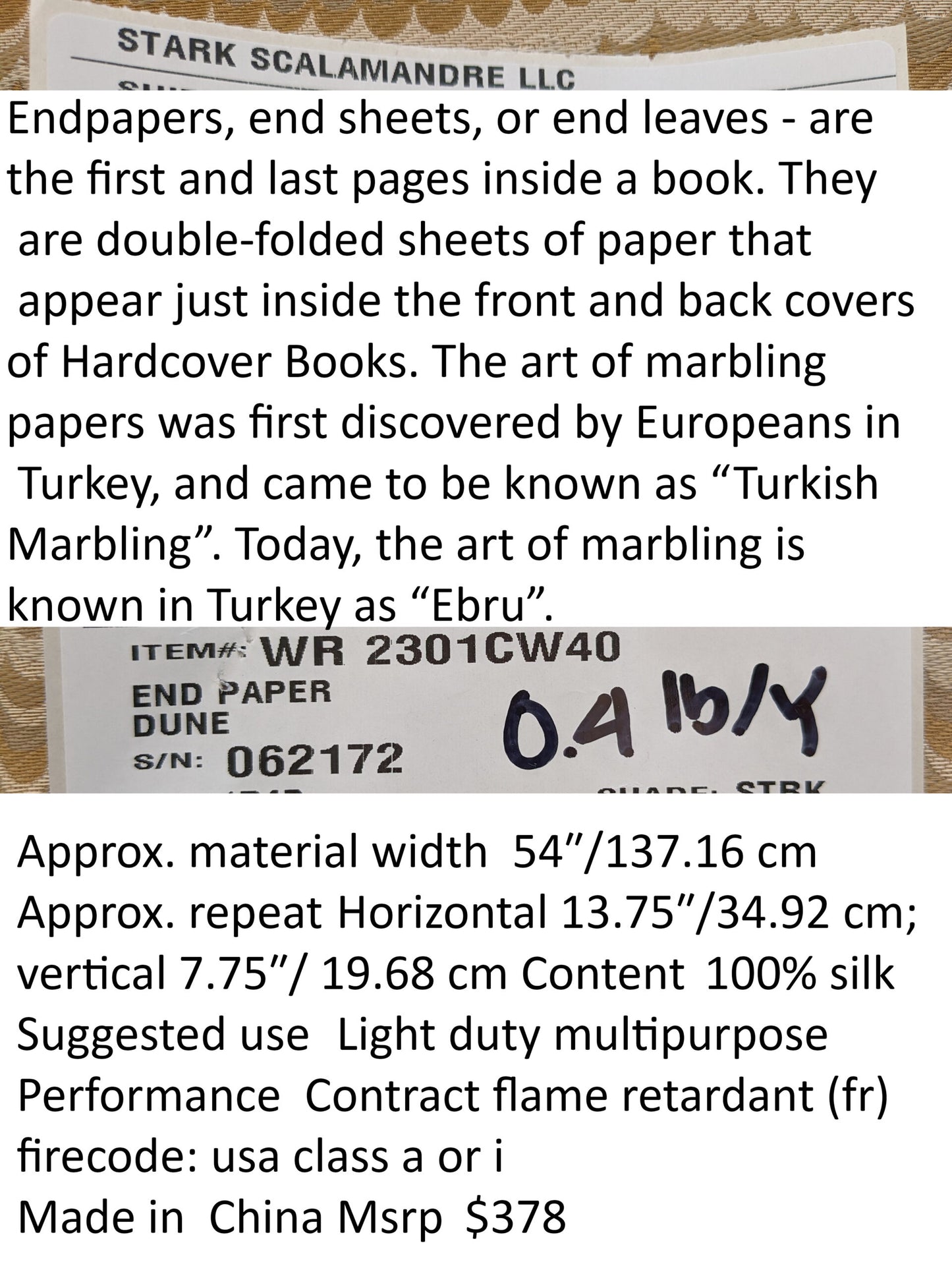 Scalamandre End Paper Dune Brown Tan Gold 100% Silk Glamorous Marbled Paper Wave MSRP USD 378/y