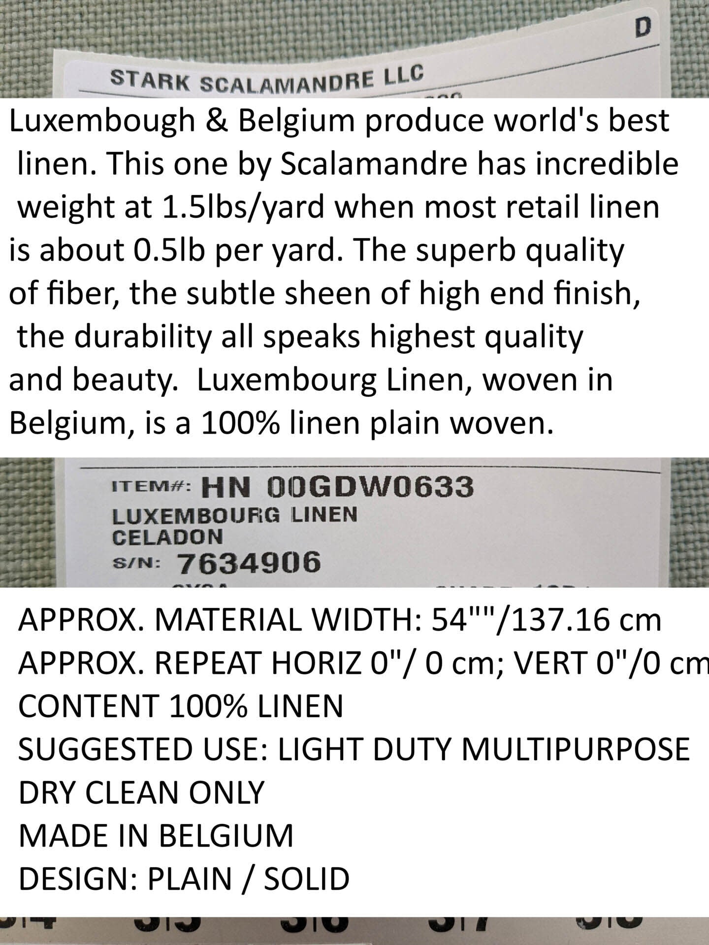Scalamandre Luxembourg Linen Celadon Light Blue Green Turquoise Solid Super Heavy MSRP USD284/y