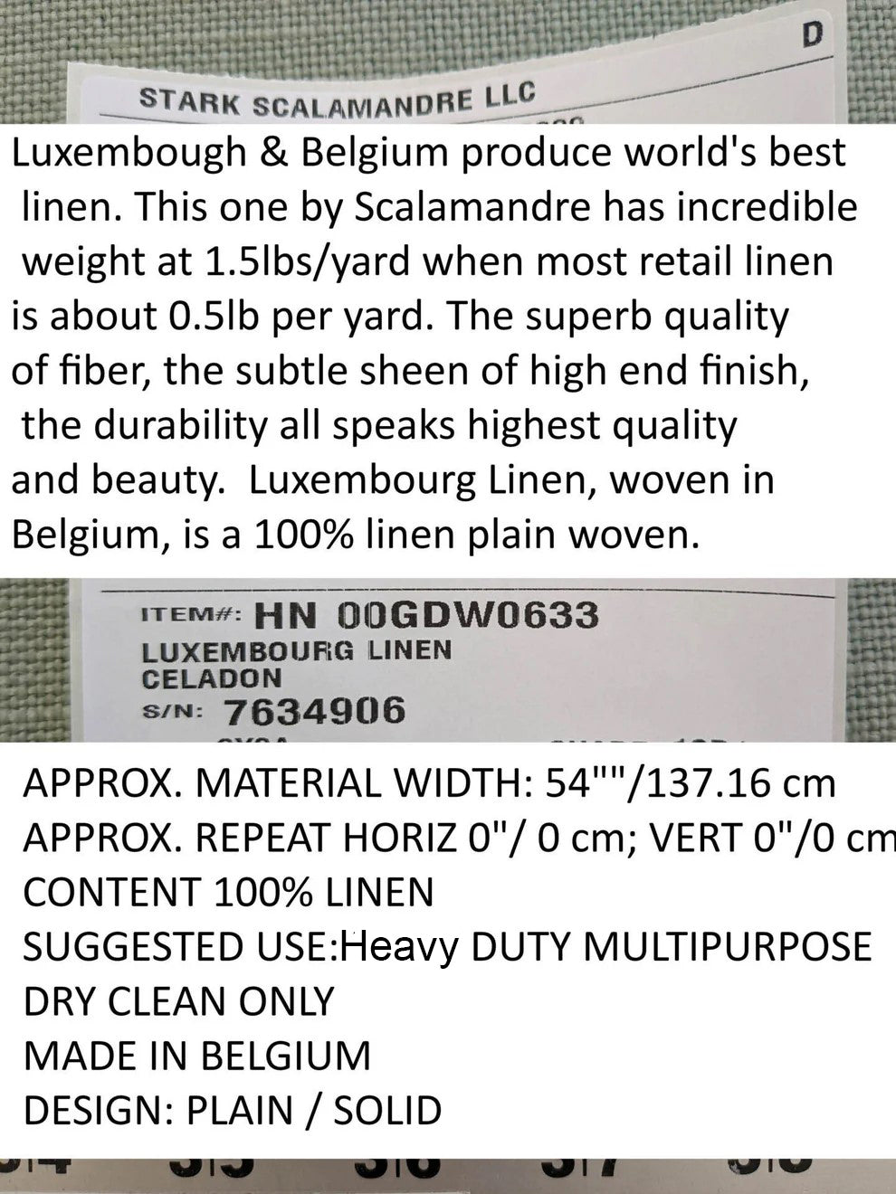 Scalamandre Luxembourg Linen Celadon Light Blue Green Turquoise Solid Super Heavy MSRP USD284/y