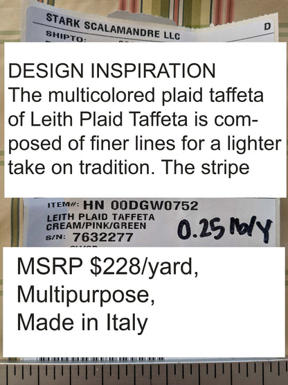 Scalamandre Leith Plaid Taffeta Cream Pink Green Stripe Silk Scottish Tartan MSRP USD 228/y