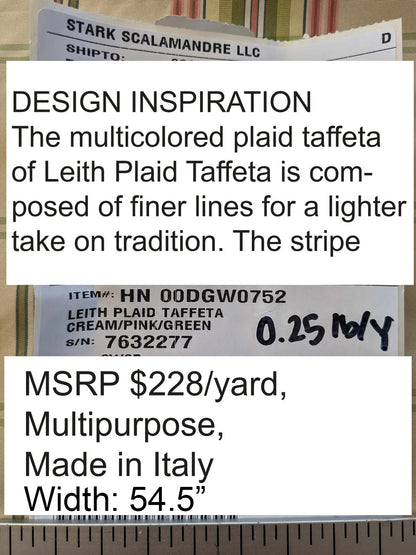 Scalamandre Leith Plaid Taffeta Cream Pink Green Stripe Silk Scottish Tartan MSRP USD 228/y