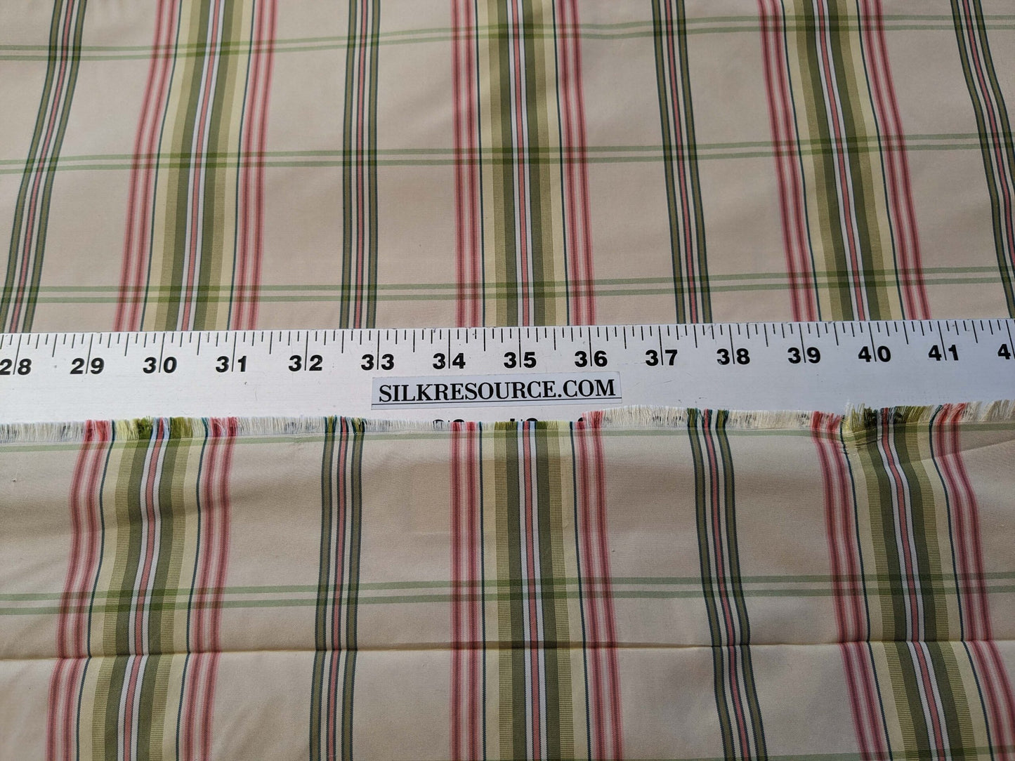 Scalamandre Leith Plaid Taffeta Cream Pink Green Stripe Silk Scottish Tartan MSRP USD 228/y
