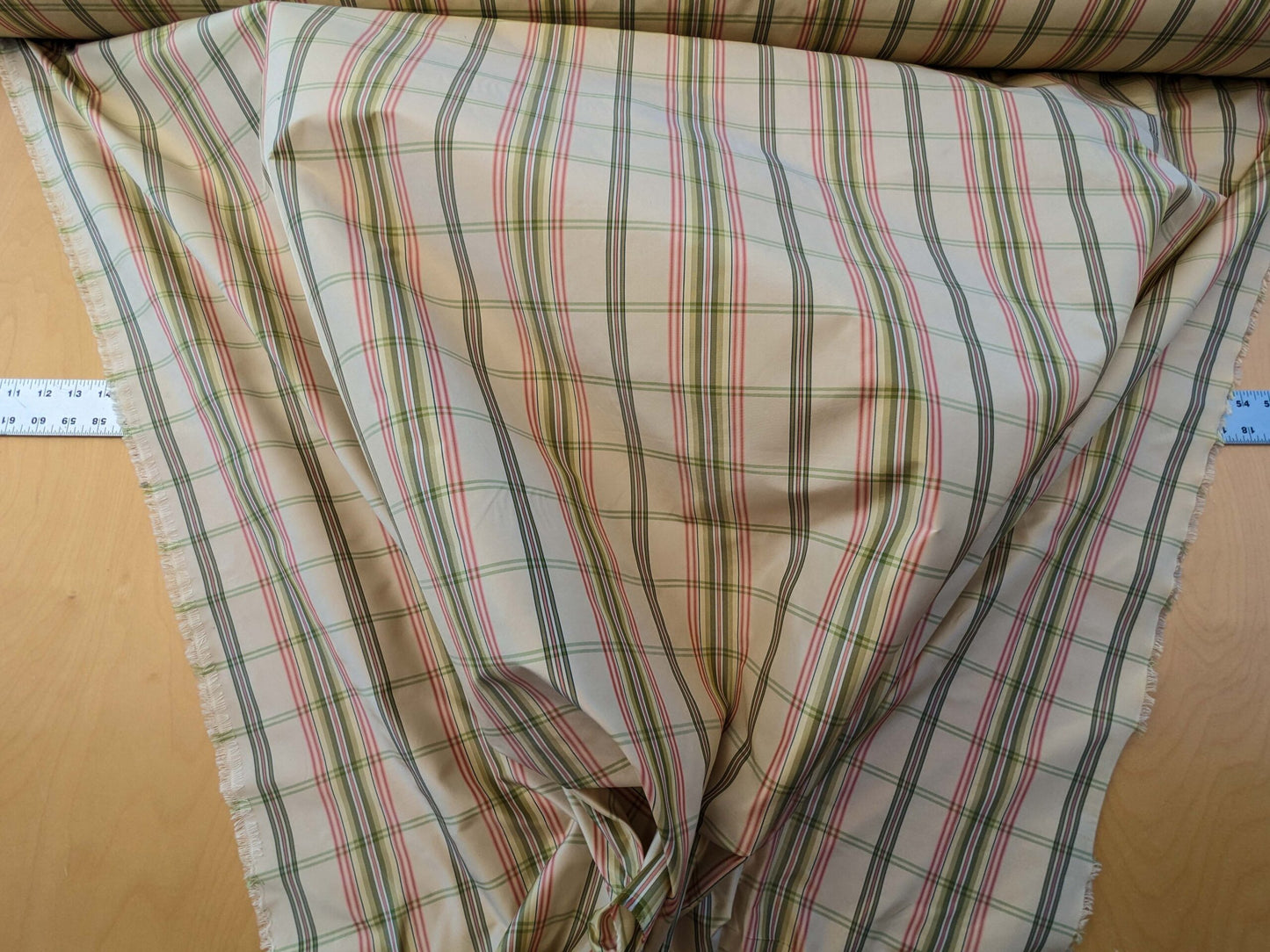 Scalamandre Leith Plaid Taffeta Cream Pink Green Stripe Silk Scottish Tartan MSRP USD 228/y