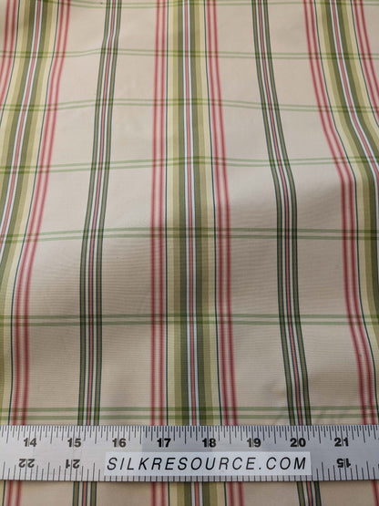 Scalamandre Leith Plaid Taffeta Cream Pink Green Stripe Silk Scottish Tartan MSRP USD 228/y