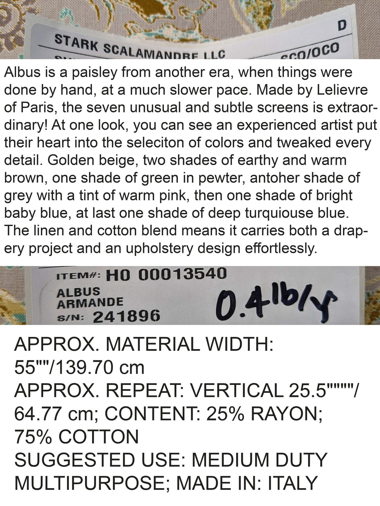 Scalamandre Lelievre Paris Albus Armande Paisley Abstract Art Deco Gray Blue Gold MSRP USD304/y