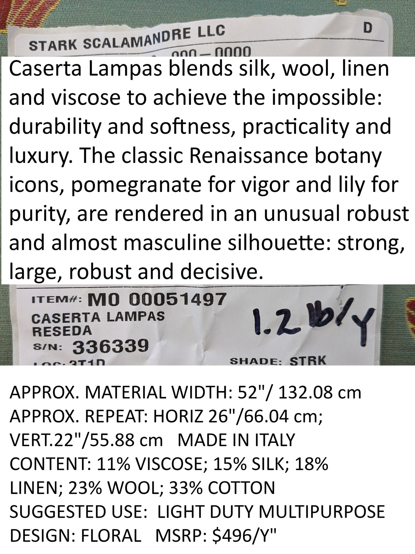 By Yd Scalamandre Caserta Silk Lampas Reseda Blue Pom Lilies MSRP USD 496/y
