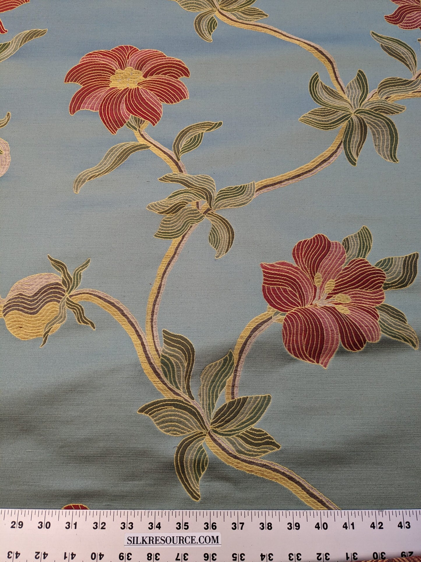 By Yd Scalamandre Caserta Silk Lampas Reseda Blue Pom Lilies MSRP USD 496/y