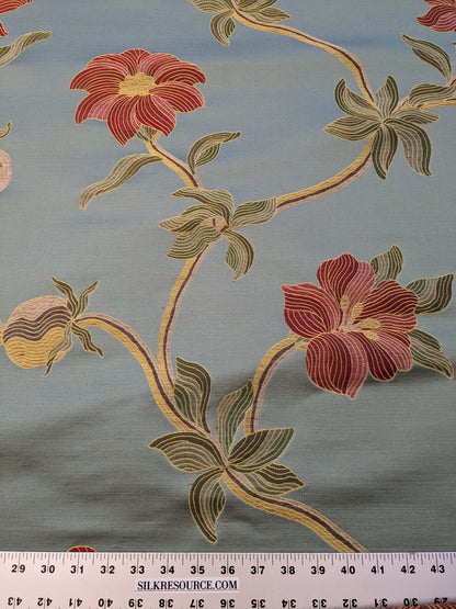 By Yd Scalamandre Caserta Silk Lampas Reseda Blue Pom Lilies MSRP USD 496/y