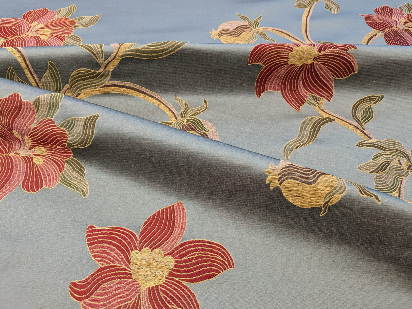 By Yd Scalamandre Caserta Silk Lampas Reseda Blue Pom Lilies MSRP USD 496/y