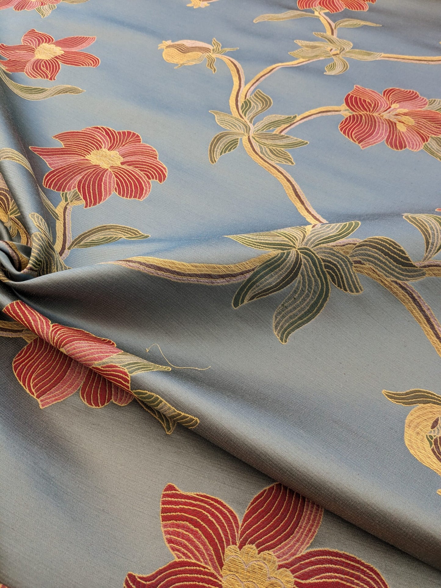By Yd Scalamandre Caserta Silk Lampas Reseda Blue Pom Lilies MSRP USD 496/y