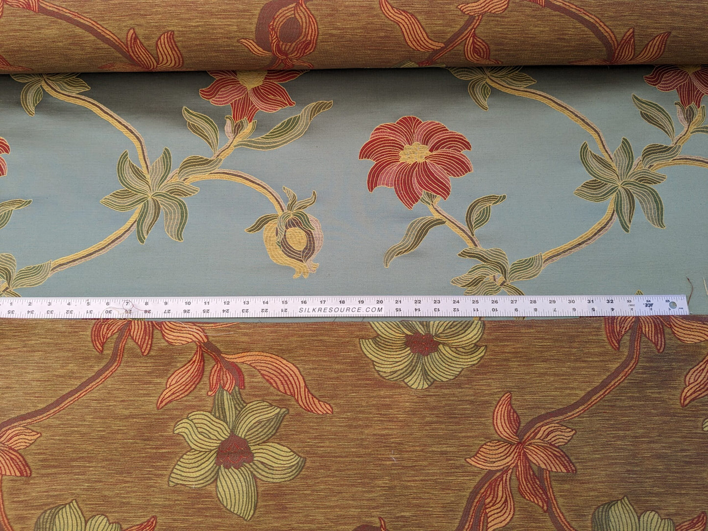 By Yd Scalamandre Caserta Silk Lampas Reseda Blue Pom Lilies MSRP USD 496/y