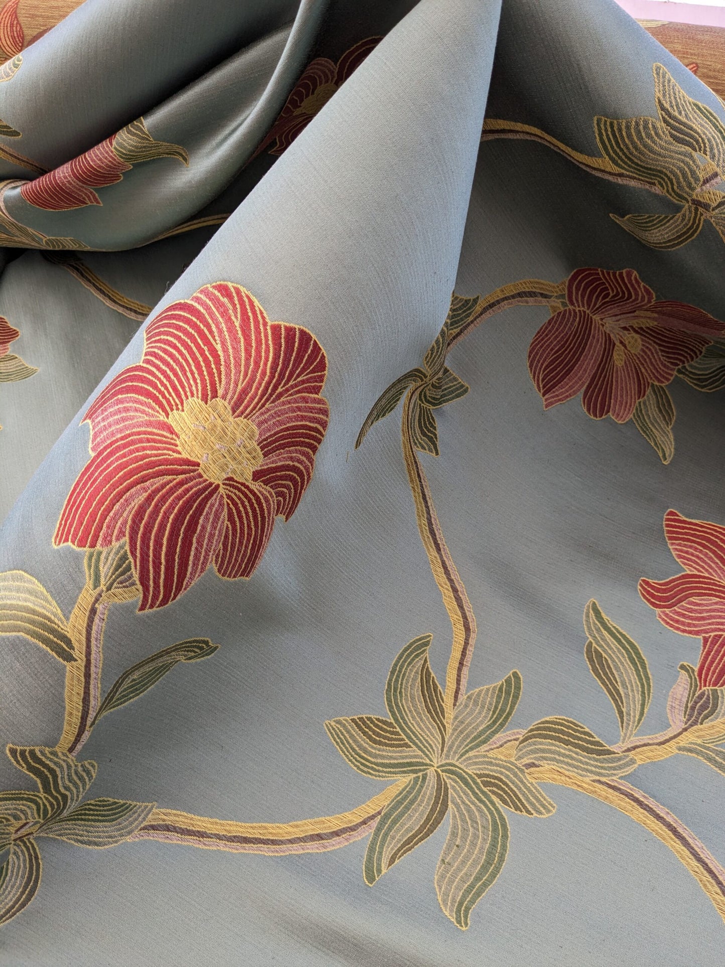 By Yd Scalamandre Caserta Silk Lampas Reseda Blue Pom Lilies MSRP USD 496/y