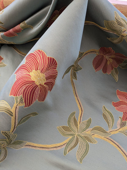 By Yd Scalamandre Caserta Silk Lampas Reseda Blue Pom Lilies MSRP USD 496/y