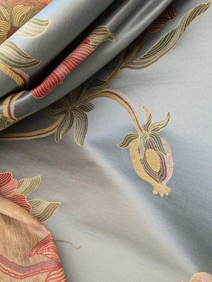 By Yd Scalamandre Caserta Silk Lampas Reseda Blue Pom Lilies MSRP USD 496/y