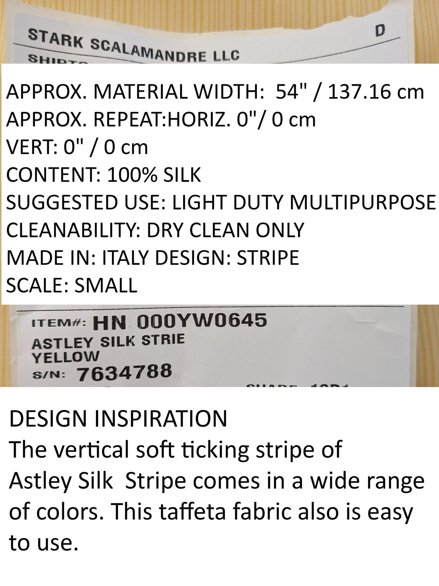 Scalamandre Astley Silk Strie Yellow Pin Stripe Small Scale  MSRP USD350+/Y