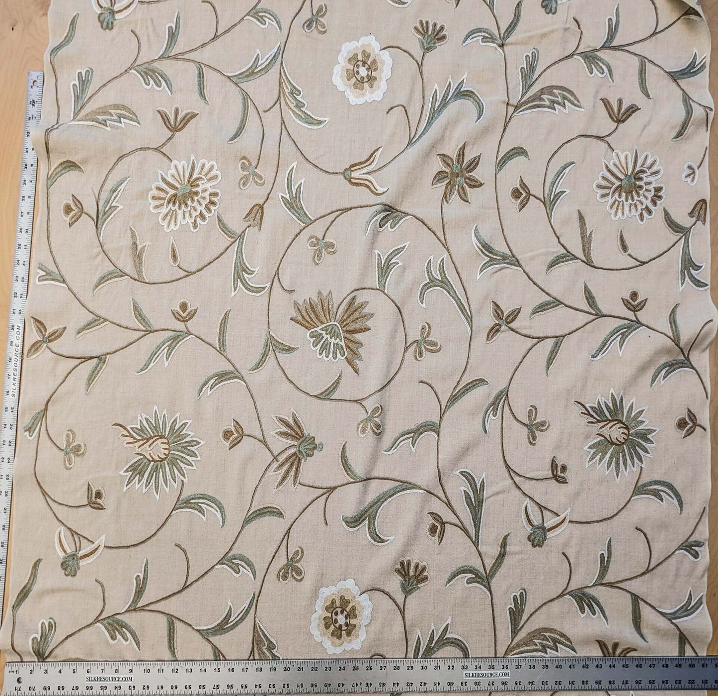 Scalamandre Sindia Wool Celadon Ivory Beige Floral Botanical Embroidery MSRP USD 492/y