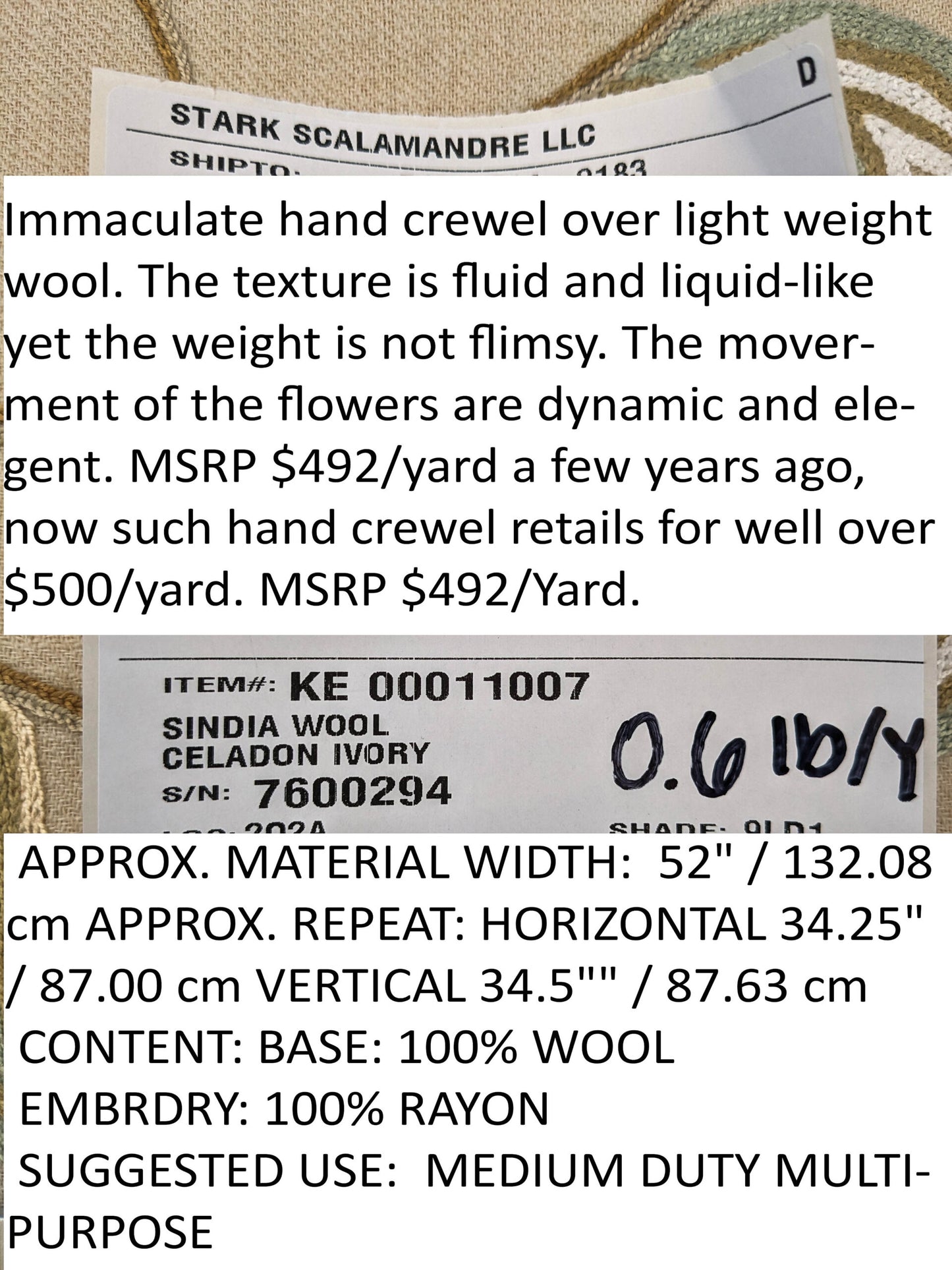 Scalamandre Sindia Wool Celadon Ivory Beige Floral Botanical Embroidery MSRP USD 492/y