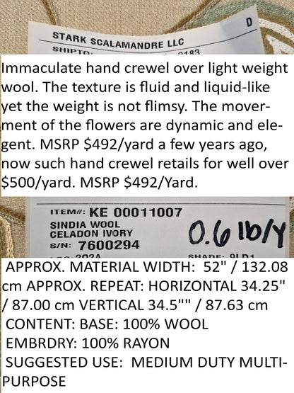 Scalamandre Sindia Wool Celadon Ivory Beige Floral Botanical Embroidery MSRP USD 492/y